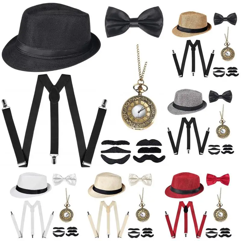 

Men's Gatsby Gangster Costume Accessories 1920s Clothing Set Teen 30s Manhattan Gangster Retro Hat Y-Back Suspender Watch Gift