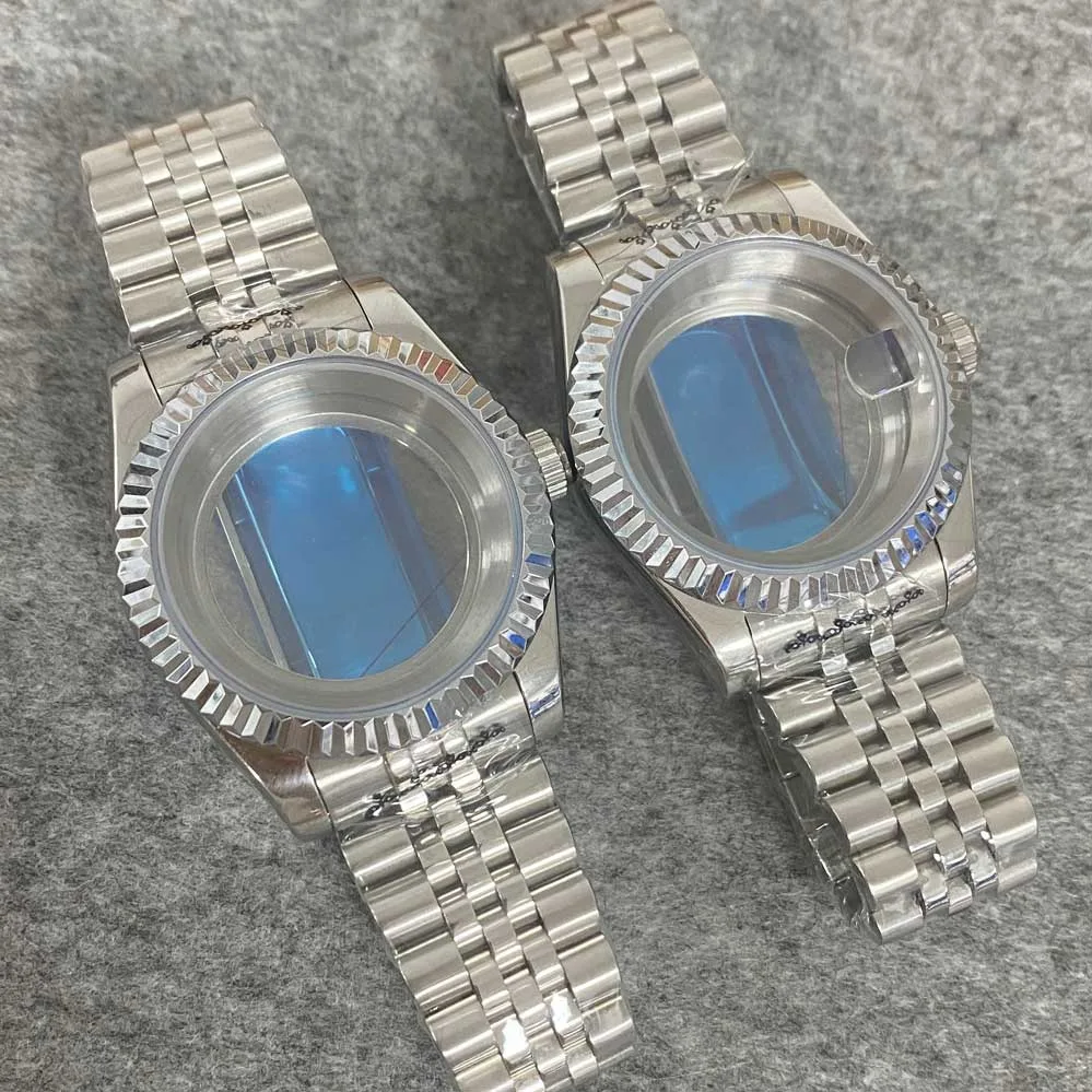 Datejust Style Watch Case 39mm - Fluted Bezel, See-through Back, Full Set for NH35/36 Mods