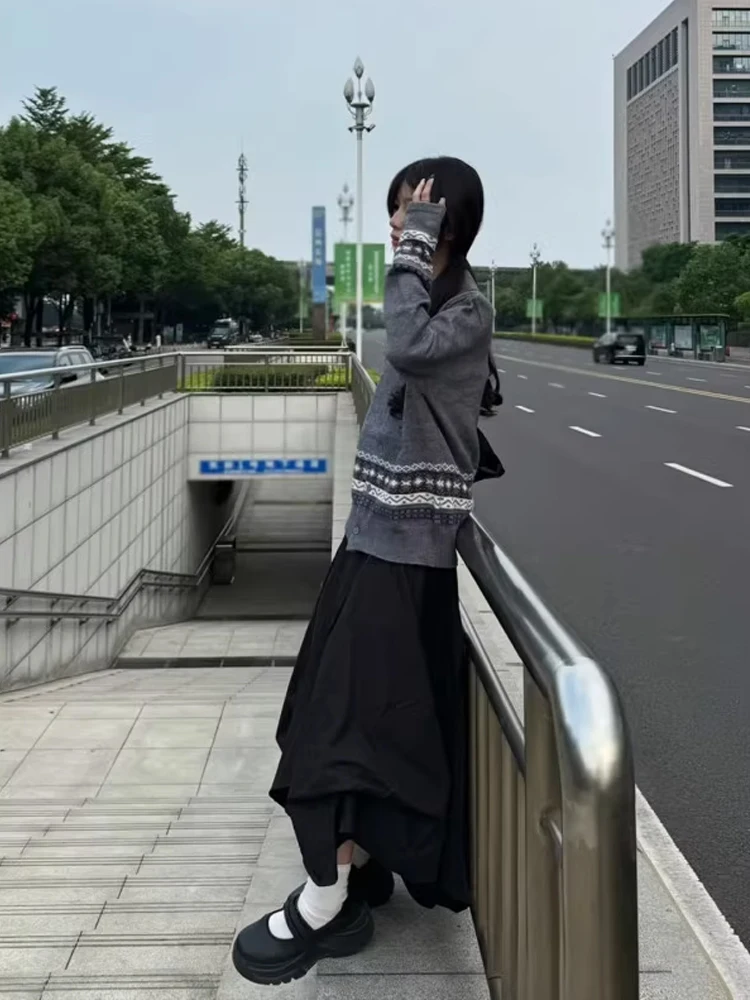 

American Retro Fair Isle Knitted Cardigan Loose Men's Autumn Old Money Sle oulder Top Casual Long Sve Ne Sweater