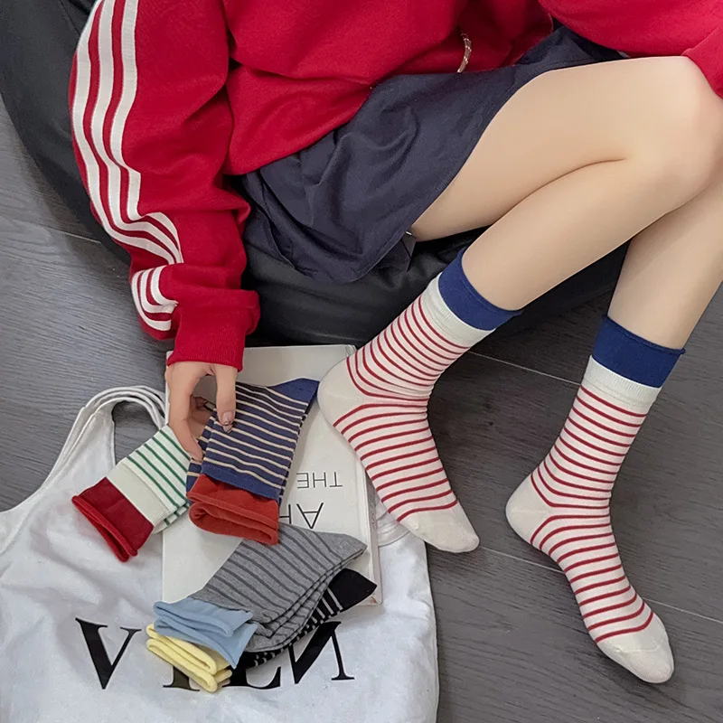 

1/5/10 Pairs Women's Socks Autumn Winter Color Blocked Striped Mid Tube Socks Fashionable Soft Comfortable All Seasons girl Sock
