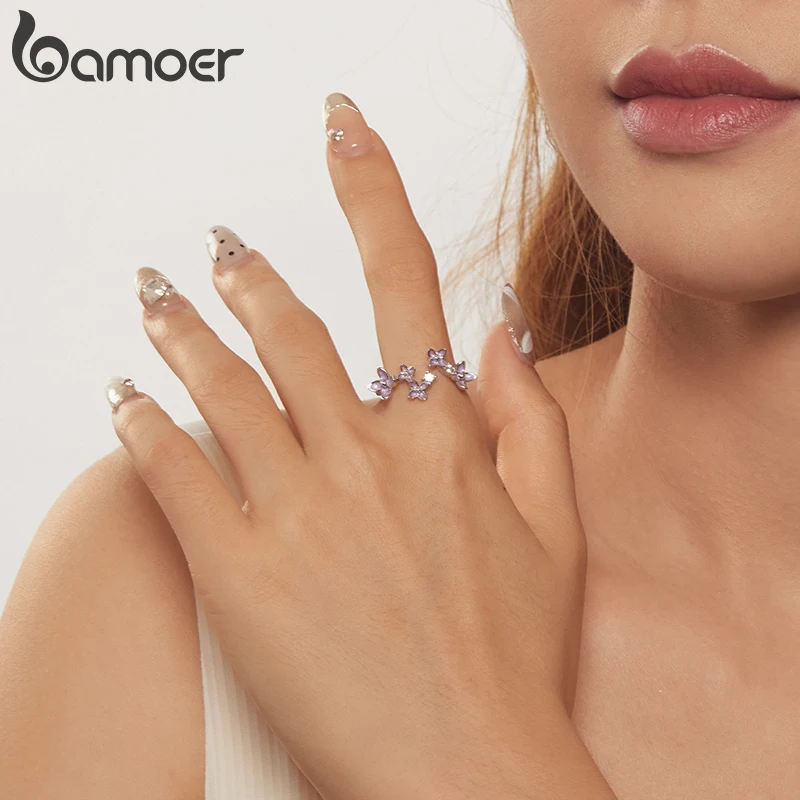 

Bamoer Purple Lilac Open Ring 925 Sterling Silver Unique Lilac Flower Design Adjustable Rings Women Fine Jewelry