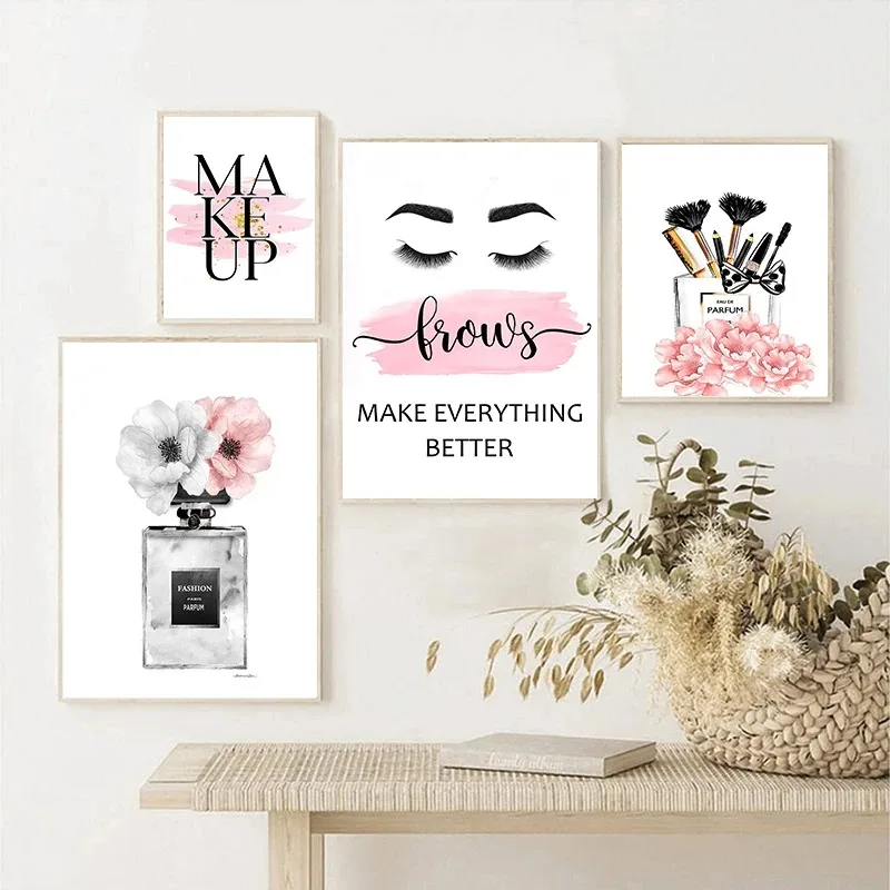 الحديثة جدار الصورة الأزياء مسمار البولندية زجاجة عطر الوردي الزهور الملصقات قماش اللوحة لفتاة غرفة نوم ديكور المنزل كوادروس #3