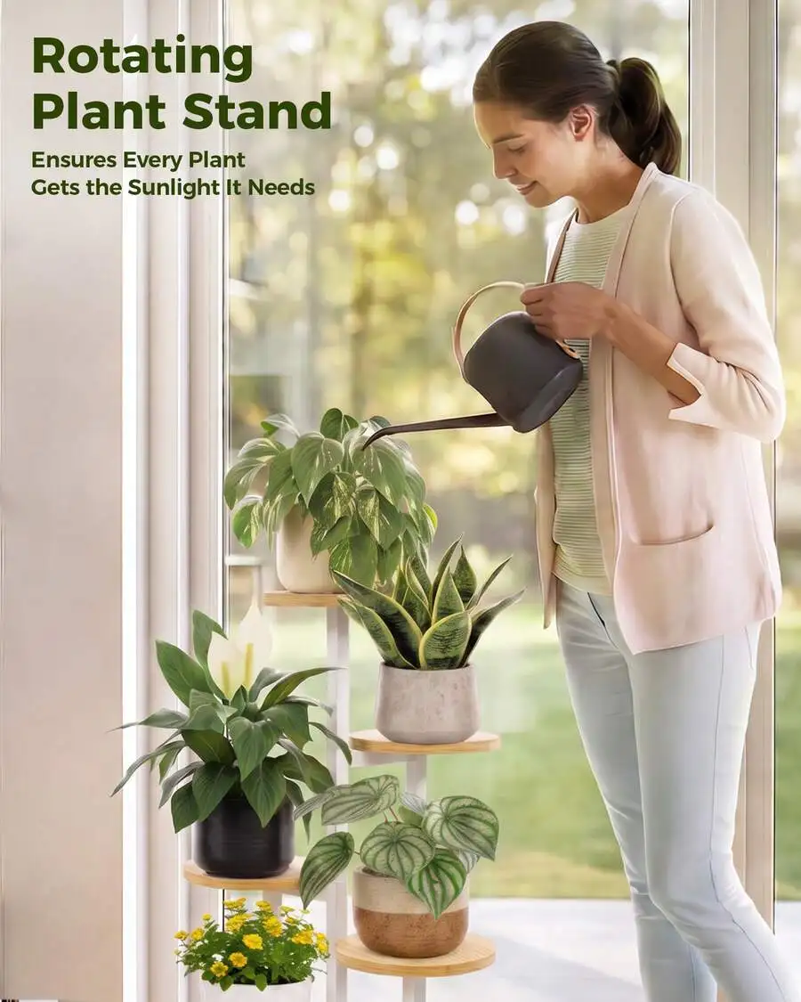 5 Tier White Wooden Plant Stand Indoor, Rotating Tall Plant Shelf With 5 Wood Trays, Plant Holder For Living Room Balcony (White
