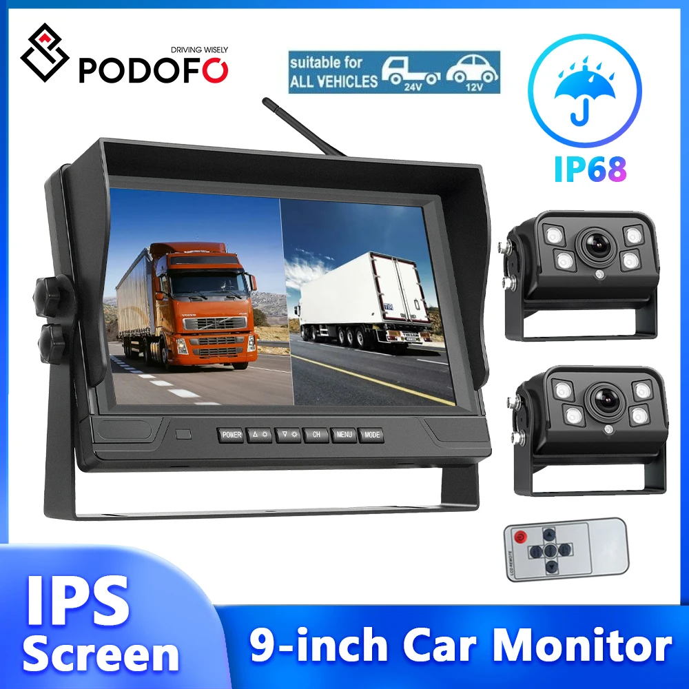 

Podofo 9'' IPS Screen Car Monitor Two Wireless Reverse Cameras With BSD IP68 Waterproof Infrared Night Vision Rearview Camera