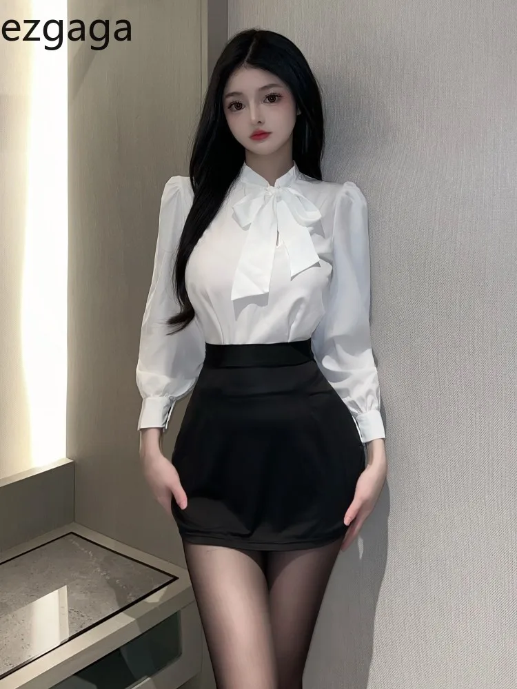 Ezgaga Two Piece Sets Women Sexy Shirts Women Bowknot Ribbon Long Sleeve Office Lady Mini Skirts Elegant Wrap Hip Party Club