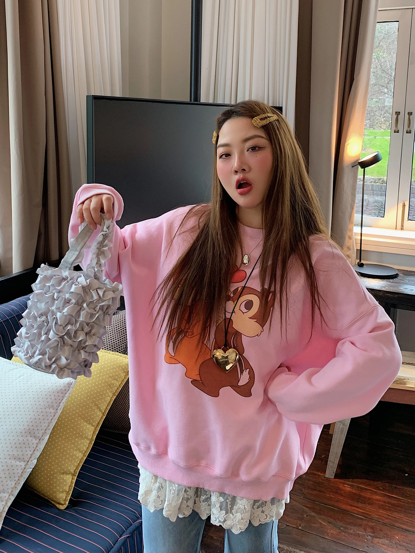 

plus Size Women's Fce Lined Hoodie round Ne Pullover Spring 2026 Loose Fit Pink Outerwear Comfortable Cotton Blend