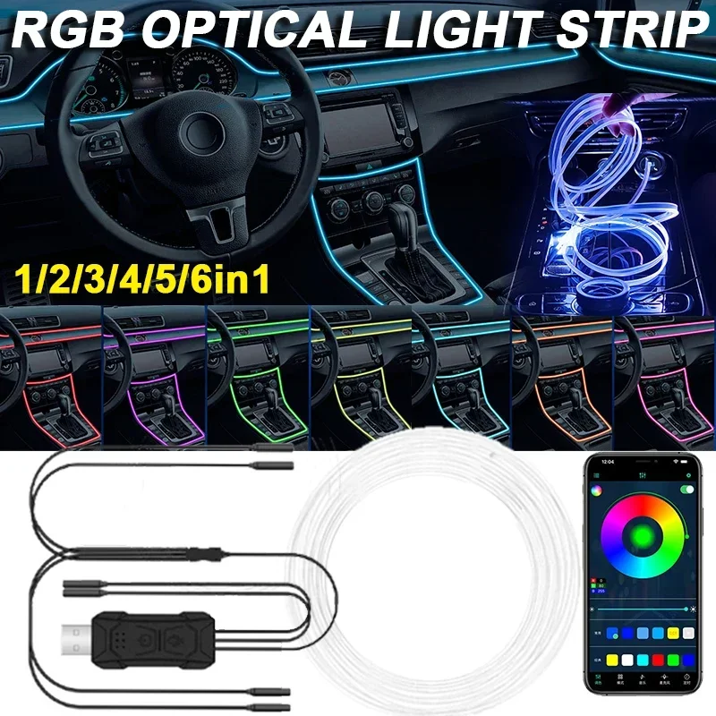 Car RGB Ambient LED Light Strip USB Fiber Optic Atmosphere Neon Invisible Light Strip Center Console Door Decoration Lamp