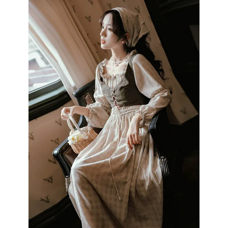 Medieval Cotton Linen Dress Woman Vintage Classical French Style Prairie Chic Mori Girl Lawn Dresses Retro Vestido Festa Set