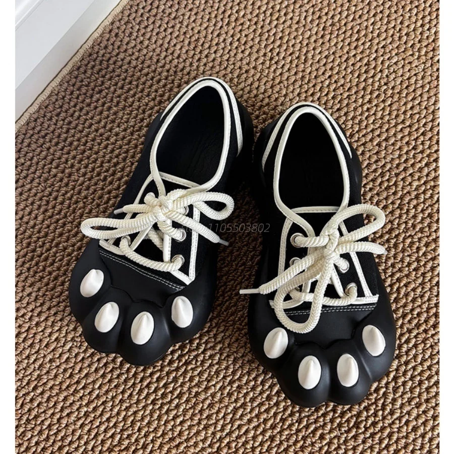 

Women Cute Bear Paw Toe Canvas Sneakers Lace Up Platform Thick Sole Casual Walking Shoes Black White Funny Animal Design Fashion