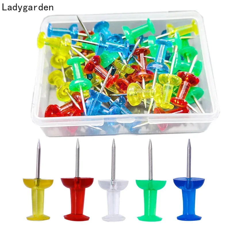 50PCS 25mm Clear Push Pins Drawing Notice Cork Board Pins Thumb Tacks Big Head Needle Pin with Box Colorful Office