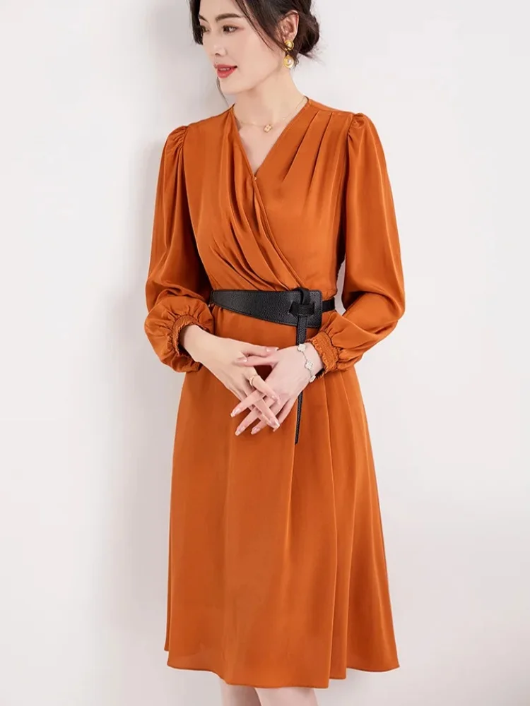 

Clearance 100% Real Silk Dresses Long Sleeve Solid Elegant Fashion Minimalist Style Belt Dress Office Lady Autumn New
