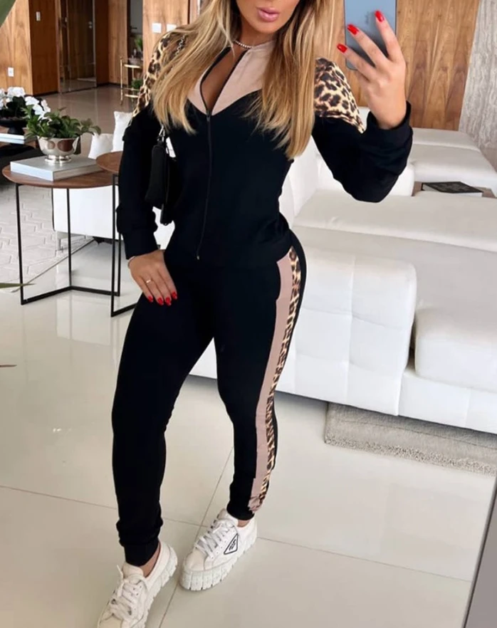 Two Piece Set for Woman Leopard Print Stand Collar Sweatshirt & Pocket Design Cuffed Sweatpants Set Shipped Within 48 Hours