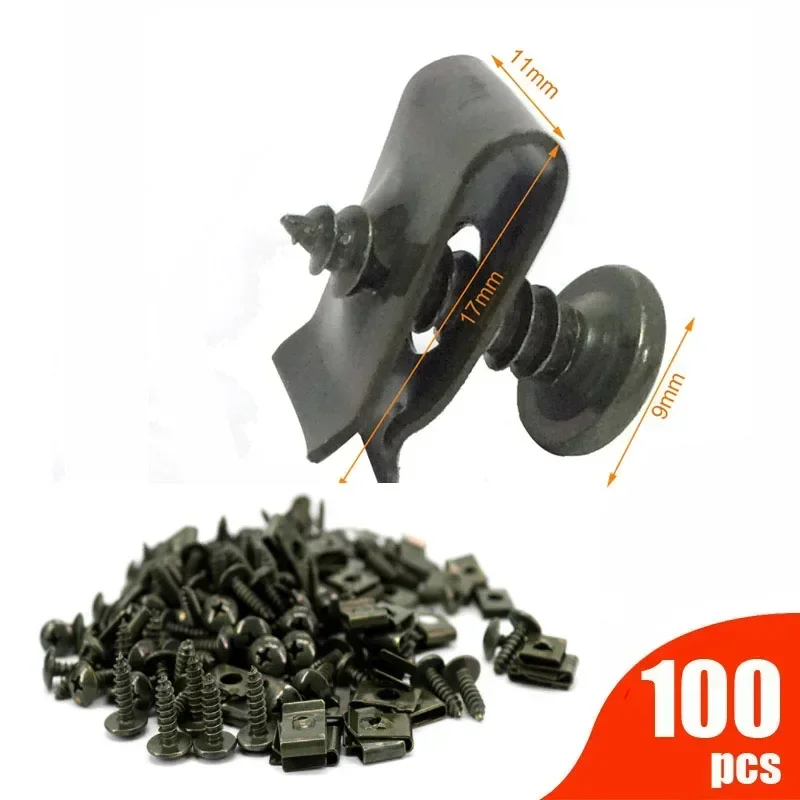 100pcs Plastic Cover Metal Retainer Self-tapping Screw U type Clip M4 M5 Motorcycle Screws clips for Car Scooter Moped Ebike