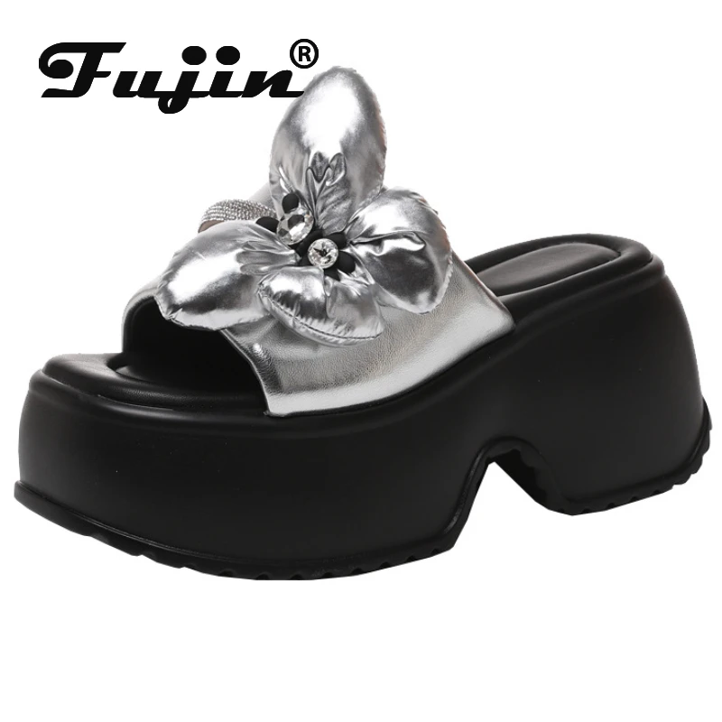 Fujin 7cm Microfiber Synthetic Leather Bling Summer Platform Wedge Fashion Slip on Women Peep Toe Sandal Slippers Pumps Shoes