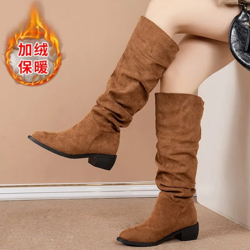 

New Solid Color Comfortable Fashion Knee-high Fashion Boots Round Head Square Heels Increase Large Size Winter High Boots