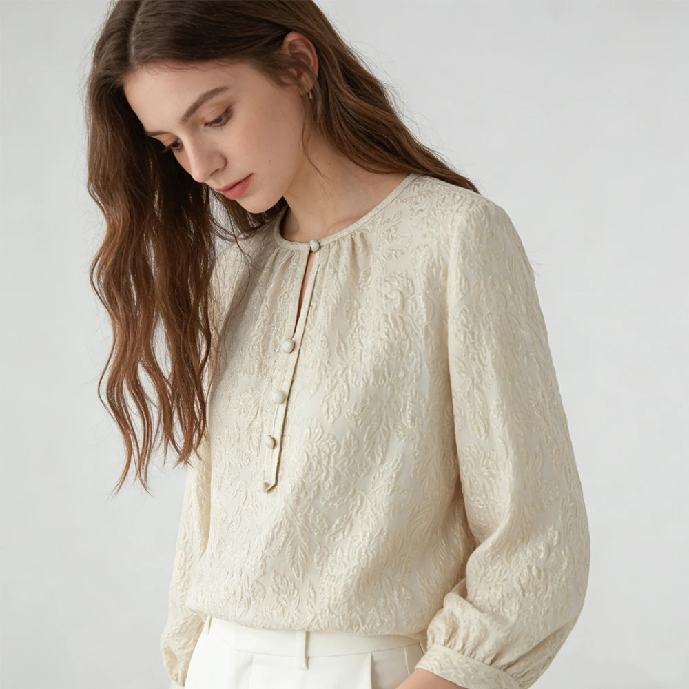 High End Palace Style 100% Natural Mulberry Silk Gold Wire Jacquard GuanLe Crepe Round Neck Three-quarter Sleeve Women's T-shirt