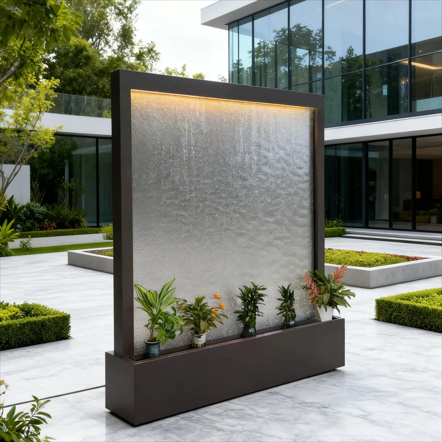 Stainless steel water curtain wall, flowing water waterfall landscaping courtyard, hotel lobby decoration and wealth orname