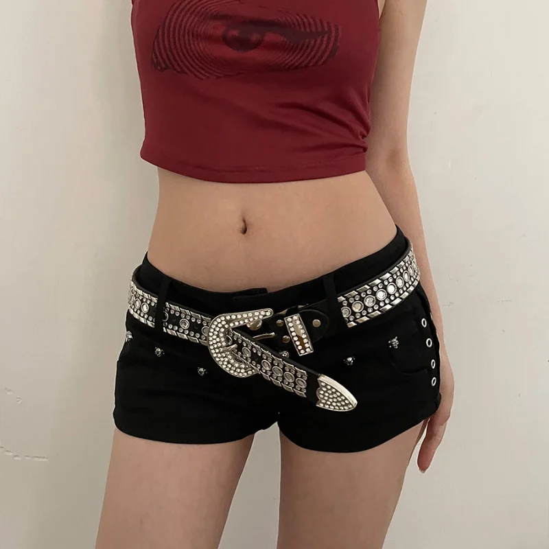 

Spicy Girl American Style Wide Waistband Rhinestone Decorated Fashionable Belted Pants - Female Personality Niche Fashion