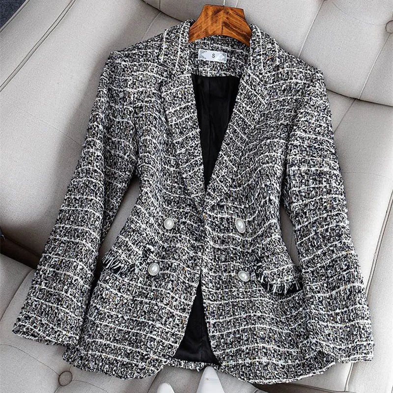 Spring Autumn Women Jacket Double-Breasted Lattice Tweed Woolen Coats 2024 Female Casual Thick Blazers Outerwear Ladies Suit 3XL