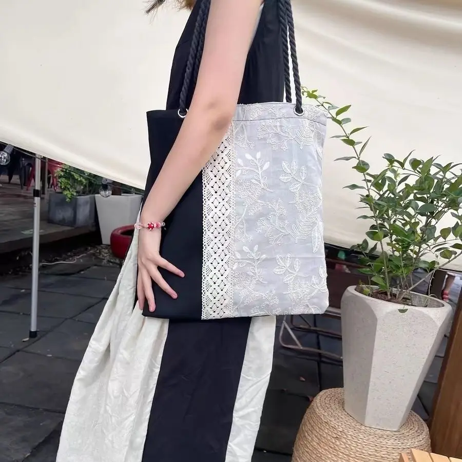 

Lace Patchwork Canvas Bag for Women Causal Shoulder Bag Purse Female Fabric Handbag