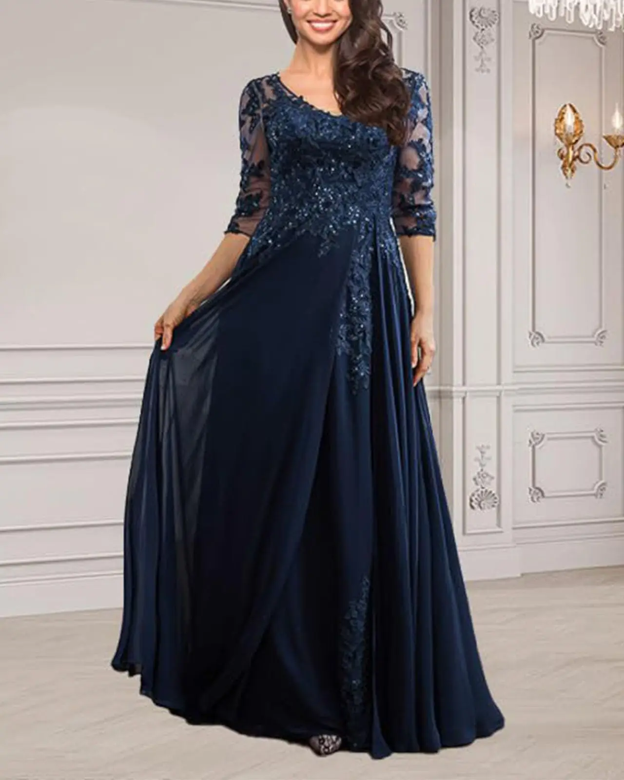 

Three Quarter Sleeve Mother of The Bride Dresses for Wedding A Line Chiffon Lace V Neck Long Sequin Formal Prom Evening Dress