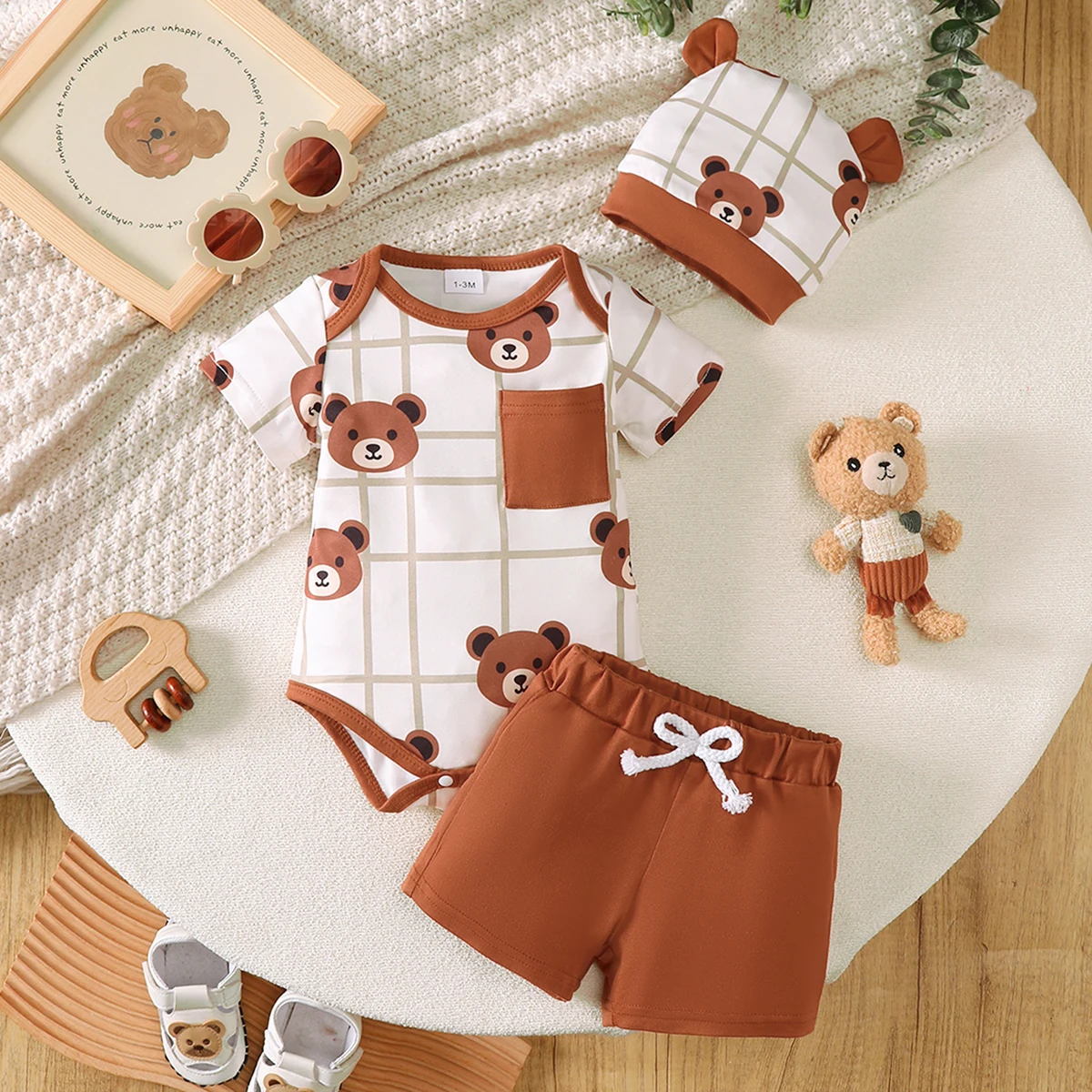 Baby Short-Sleeved Jumpsuit + Shorts + Hat Baby Summer Daily Casual Outing Outfit Summer Cute Bear Print Three-Piece Set