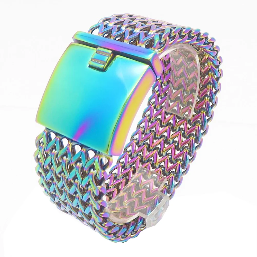 Pulsera de Cadena de Malla Multicapa Punk Azul Arcoíris de 30mm para Hombre y Mujer, Estilo Hiphop, Color Negro y Dorado, Acero Inoxidable, Joyería Biker