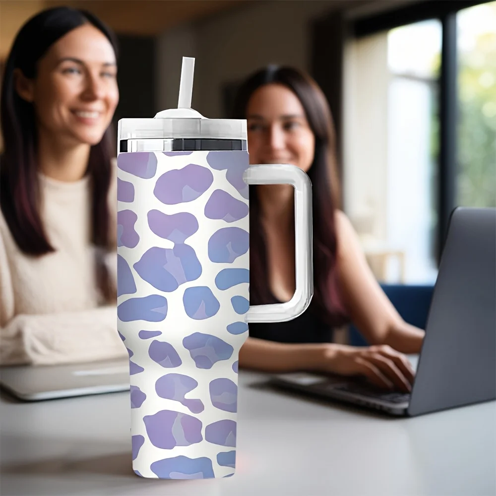 Trendy Light Purple Leopard Print Travel Tumbler with Convenient Handle And Straw Suitable for Outdoor And Indoor Daily Use