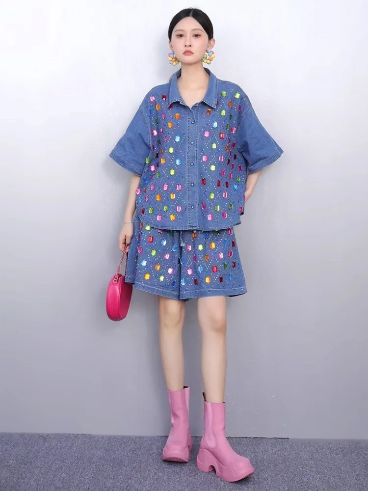 New Designer Summer Casual Loose Fit Short Sleeve Denim Jacket High Waist Wide Leg Shorts Fashion Diamonds Women Two Piece Sets
