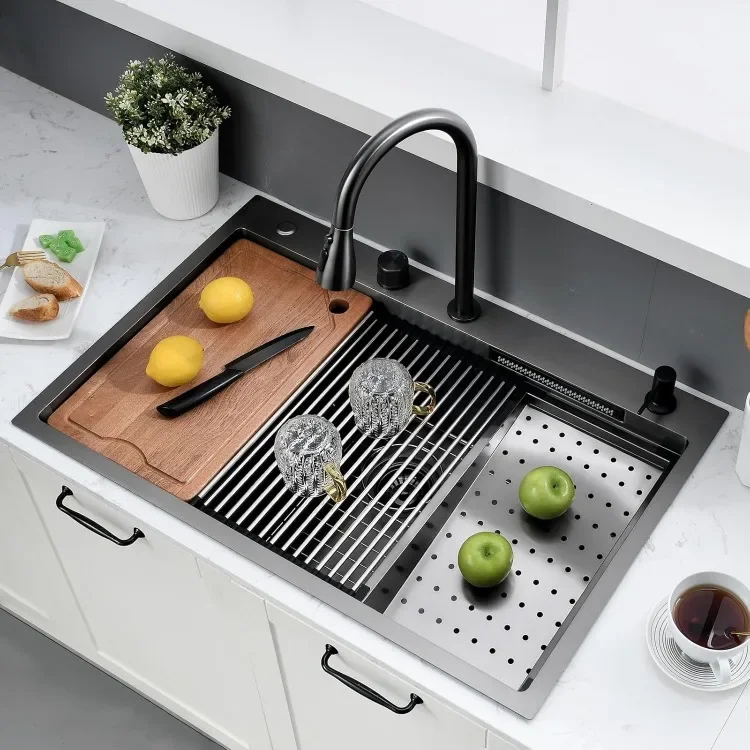 28 inch zwarte drop-in watervalkeuken 28 × 22 zwarte aanrecht drop-in werkstation spoelbak zwart roestvrij