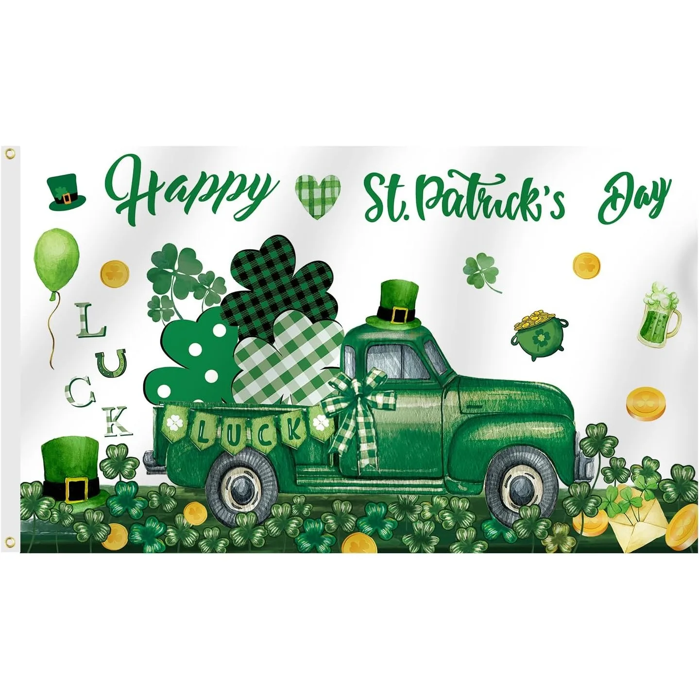 Happy St Patricks Day Flag Spring Irish Shamrock Clovers Flag, Rustic Shamrock Green Truck Welcome Yard Flag