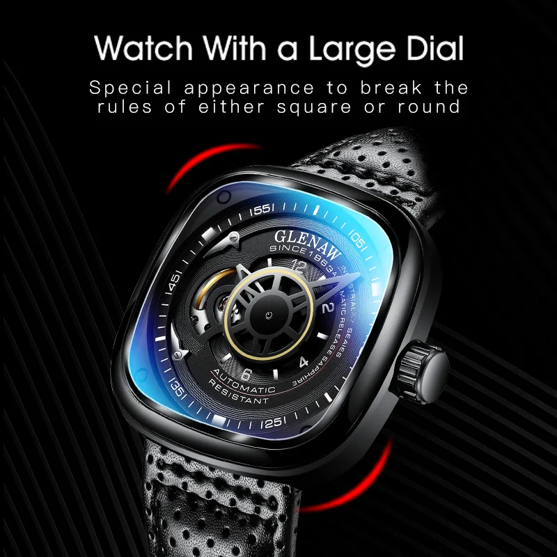 GLENAW New Square Large Dial Mechanical Watch Men with Scratch resistant Mirror Luminous Waterproof Top Luxury Mechanical Watch