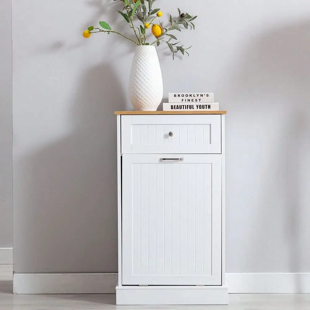 

Cabinet Tilt Out Freestanding, Pet Proof Kitchen Trash Cabinet Laundry Hamper With Cutting Board, Wood Garbage Recycling Statio