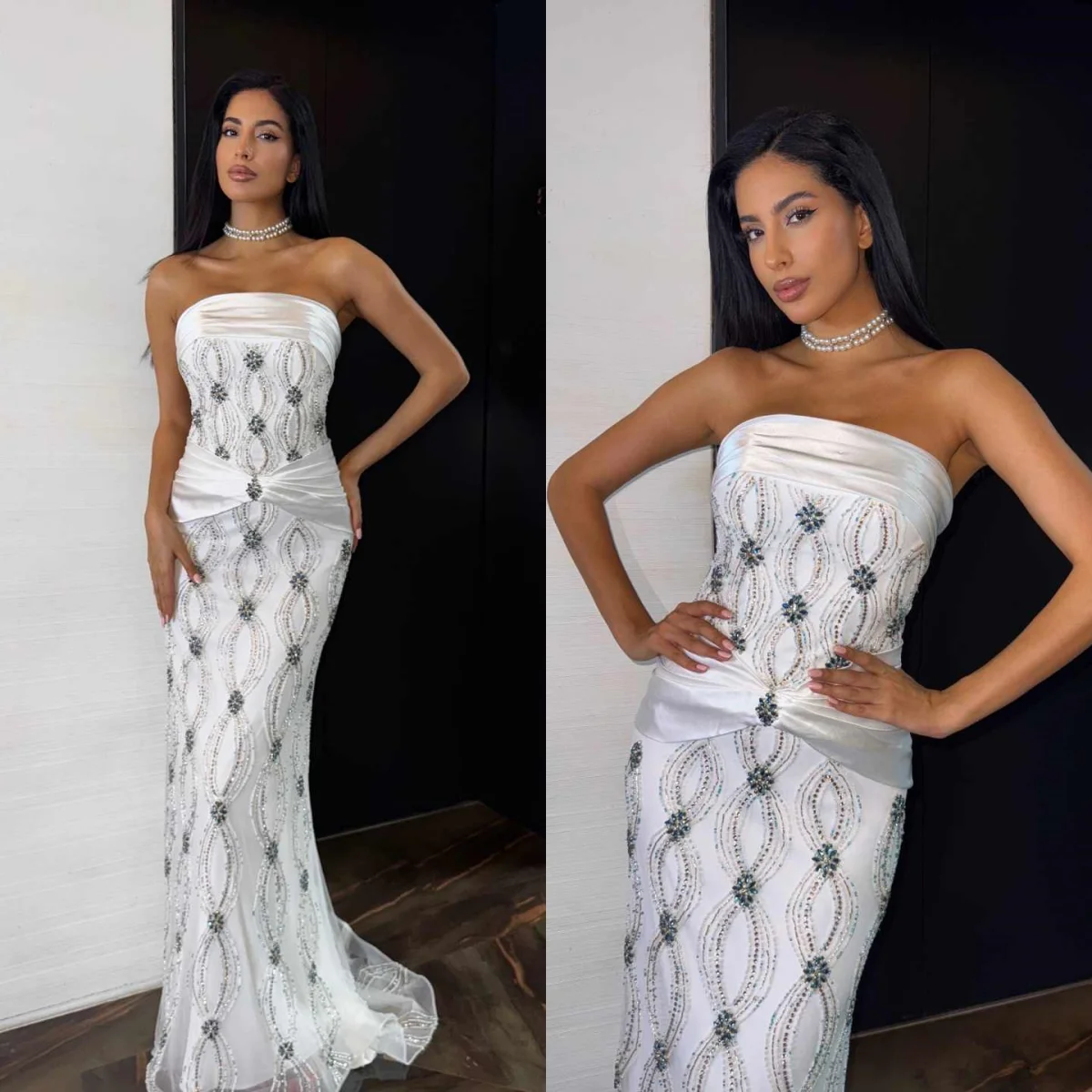 

Graceful Mermaid Prom Gowns Strapless Sweep Train Evening Dresses Beaded Crystals Special Occasion Customized