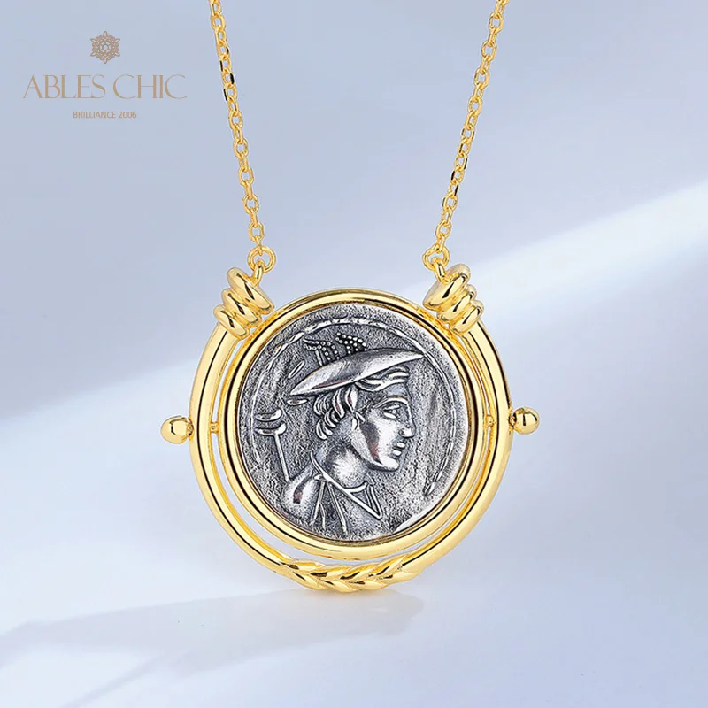 Imagem -04 - Grego Deidade Flip Moedas Pingente Ouro 18k Two Tone Sólido 925 Prata Roman Rotating Coin Colar N1058