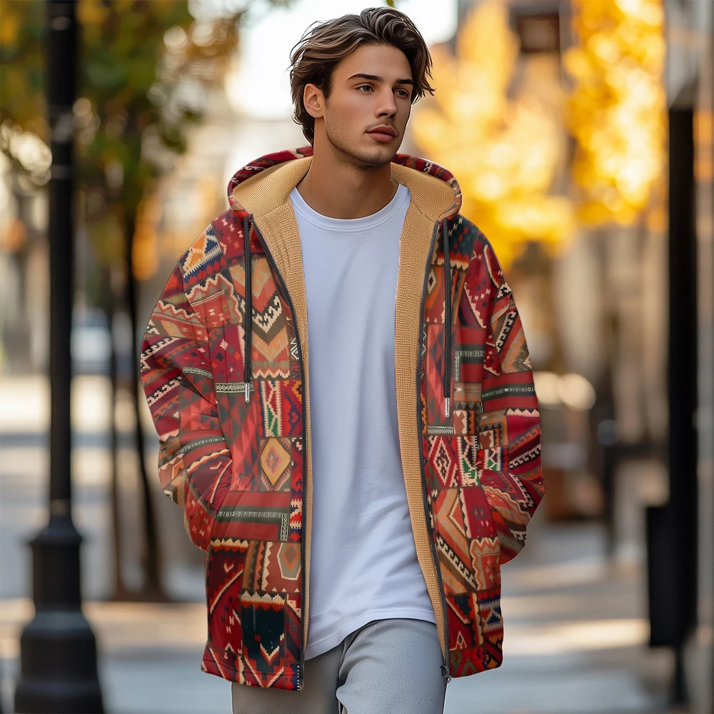 Man winter clothing, New in Down Coats, Red pattern graffiti design cotton-padded jacket clothing, feather print pocket zipper