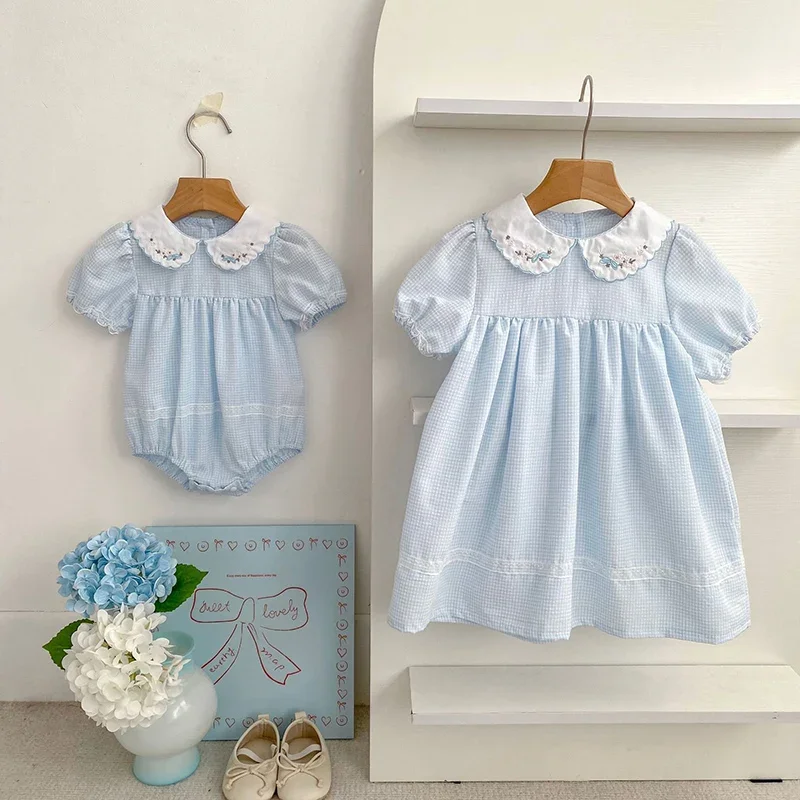 2026 New Summer Sister Clothing Kids Princess Dresses 2-6Yrs Girl Party Dress Short Sleeved Cotton Embroidery Splicing Romper