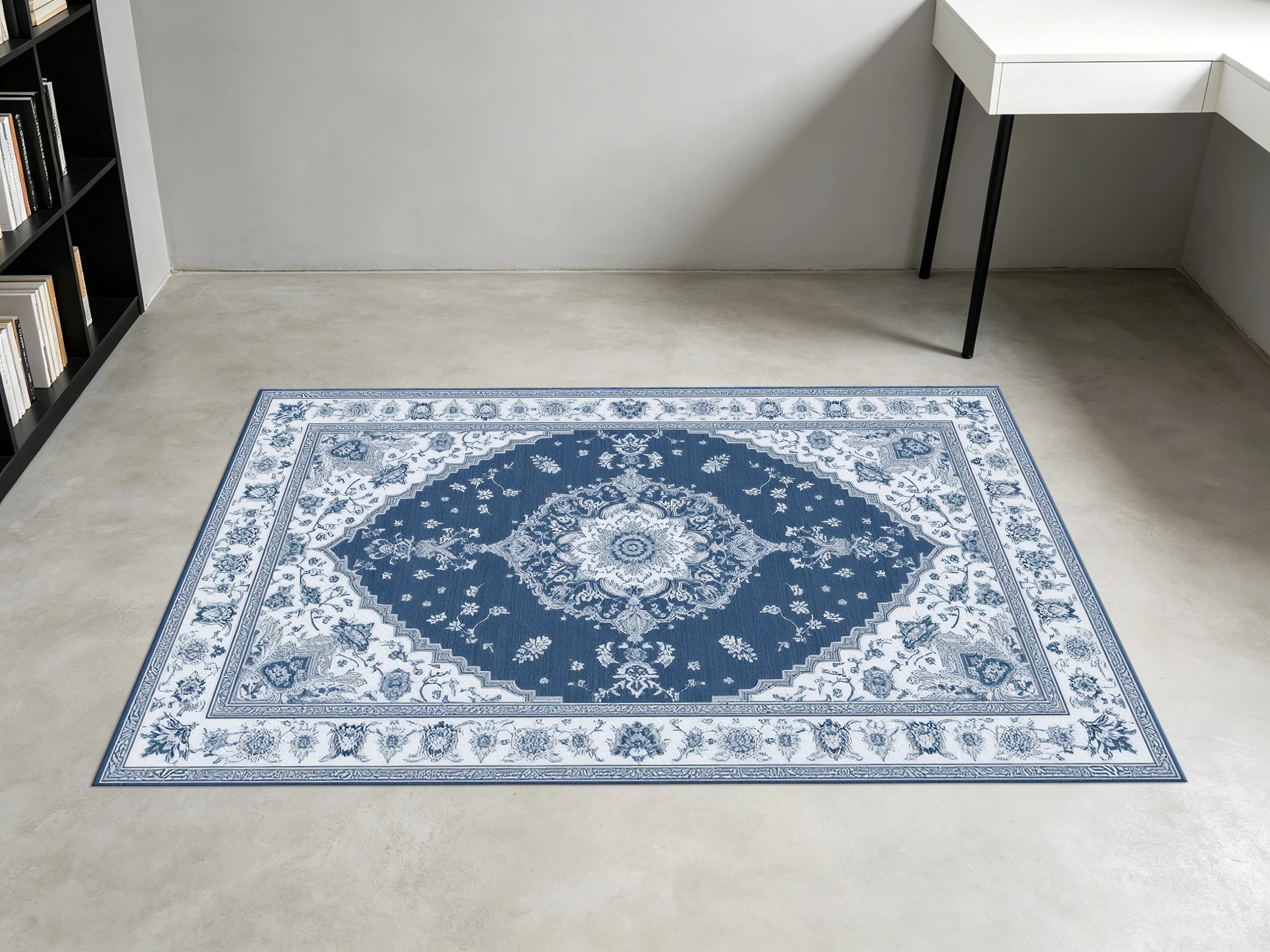 2D Large Rug in Navy Blue & Off-White, European Retro Persian Pattern, Suitable for Living Room & Bedroom, Enhancing the