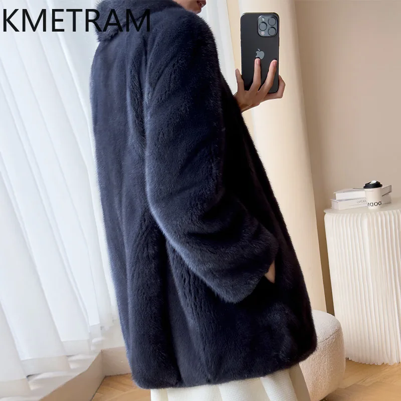 Real Mink Fur Coatผู้หญิงหรูหราสีน้ําเงินเข้มกลางความยาวเสื้อขนสัตว์คุณภาพสูงฤดูหนาวเสื้อผ้าผู้หญิงFurryแจ็คเก็ต 2025 Fourrure