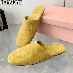 Cow Suede Round Wrap Toe Flat Slippers for Women Luxury Brand Designs Mules Slippers Female Summer Casual Punk Slippers Woman