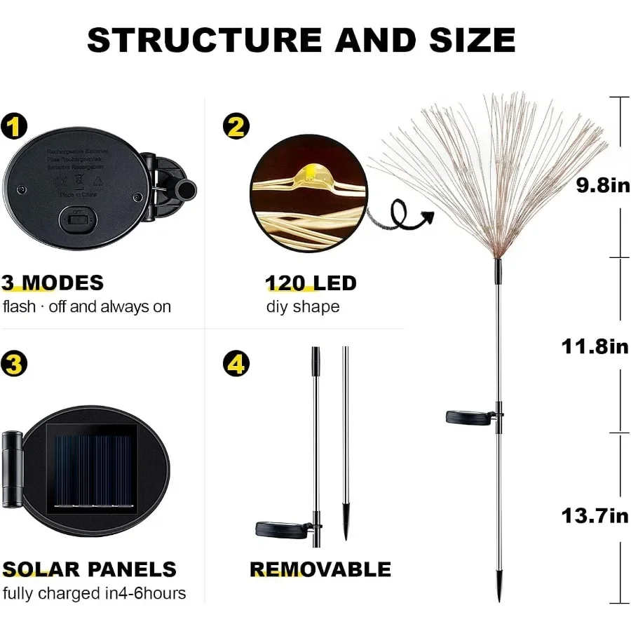 2 luci decorative da giardino solari per fuochi d'artificio solari da esterno con 120 LED e 40 fili di rame per illuminazione paesaggistica fai da te