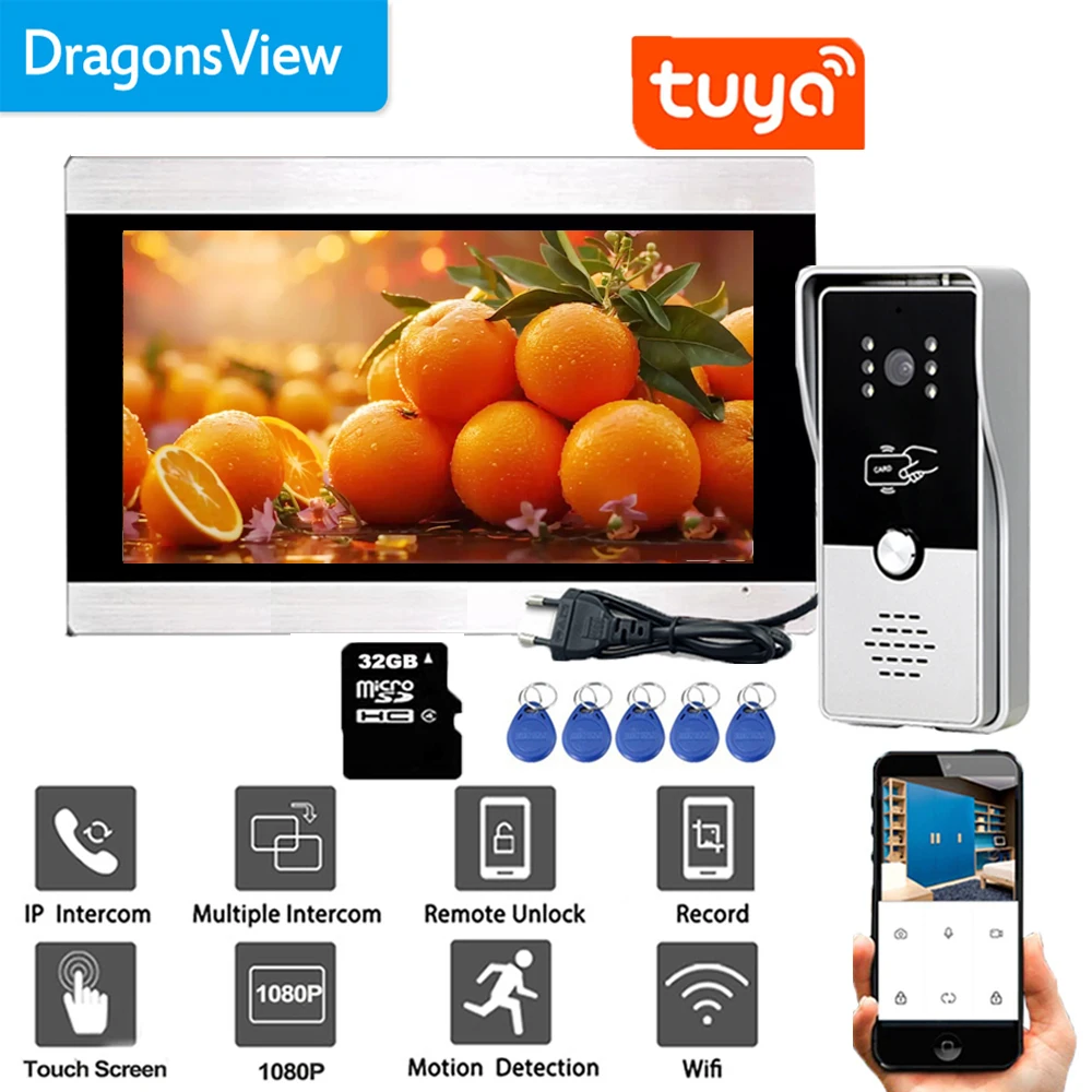 Dragonsview-telefone inteligente com tela sensível ao toque de 7 polegadas, wi-fi, vídeo porteiro, sem fio, 1080p, rfid, campainha, câmera, detecção