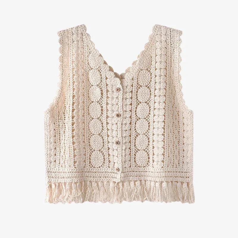 Fringed Crochet Vest Sheer Open-work Sleeveless Button Front Tanks Camis Vest Summer Top for Women Boho Beach Vacation Outfit