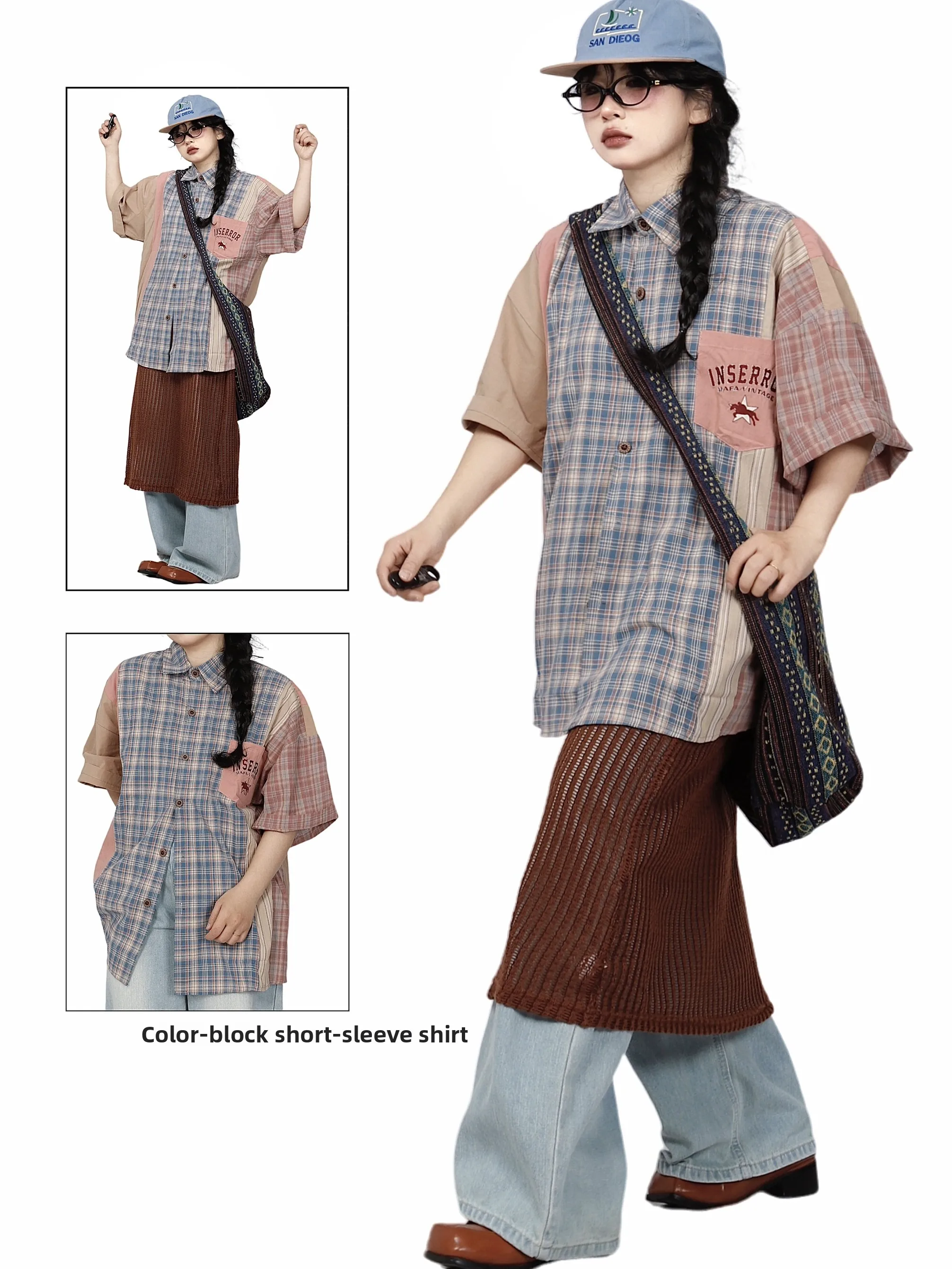 

Vintage Lady's Plaid irt ort Sve Color Blo Design American Retro Sle Women's Loose Fit Button up Casual Top