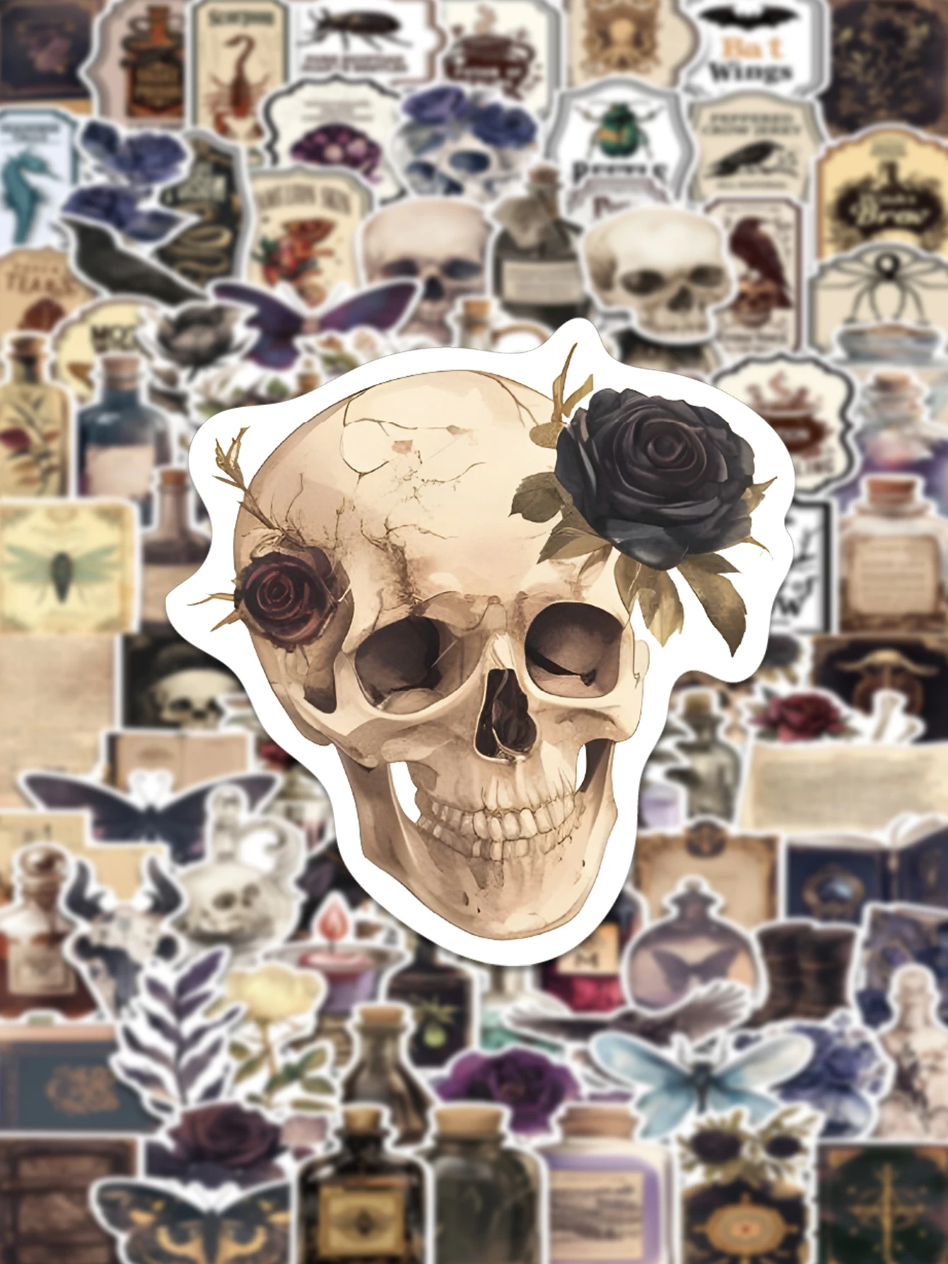 100 pièces mystérieux rétro foncé esthétique Art autocollants personnalisé fleur crâne Potion bouteille autocollants papillon corbeau bricolage cadeau