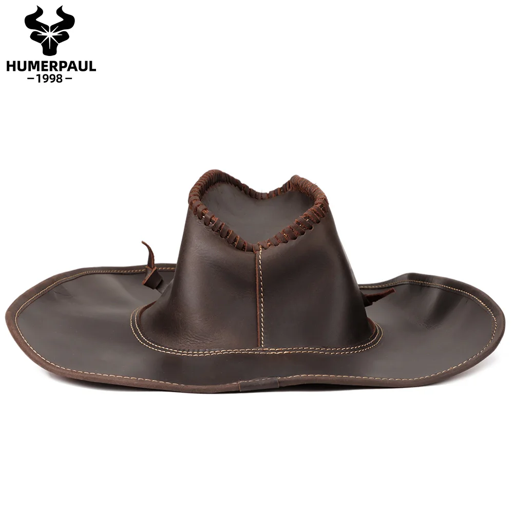 Handcraft Shapeable Western Cowboy Hat Crazy Horse Leather Retro Knight's Cap British Outdoor  Horse Riding Hat Old Style