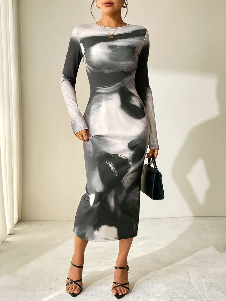Neue Damenkleider Clubwear Frühlingsmode Lange Ärmel Tie-Dye O-Ausschnitt Schlankes Maxikleid Schwarz Sexy Lady Elegante Kleider Kleidung