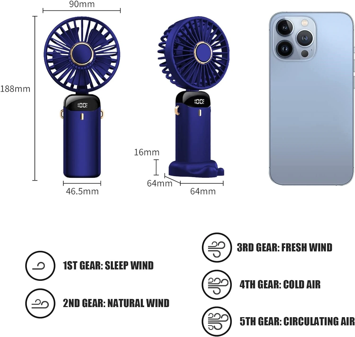 Handheld Fan,Foldable Desk Desktop Type-C Rechargeable Fans with Lanyard and Base, Mini Fan with LED Display