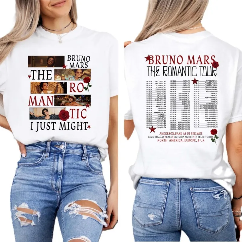 Bruno Mars Tour 2026 T-Shirt Romantic Tour Dates Shirt Retro Front Back Concert Tee Unisex Pop Music Fan Gift Graphic T Shirts