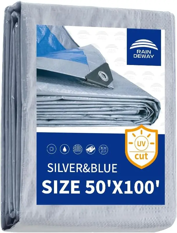 Tarps 50x100 Feet, 5.5 Mil - Multipurpose Waterproof Poly Tarp Cover with Metal Grommets and Reinforced Edges, S